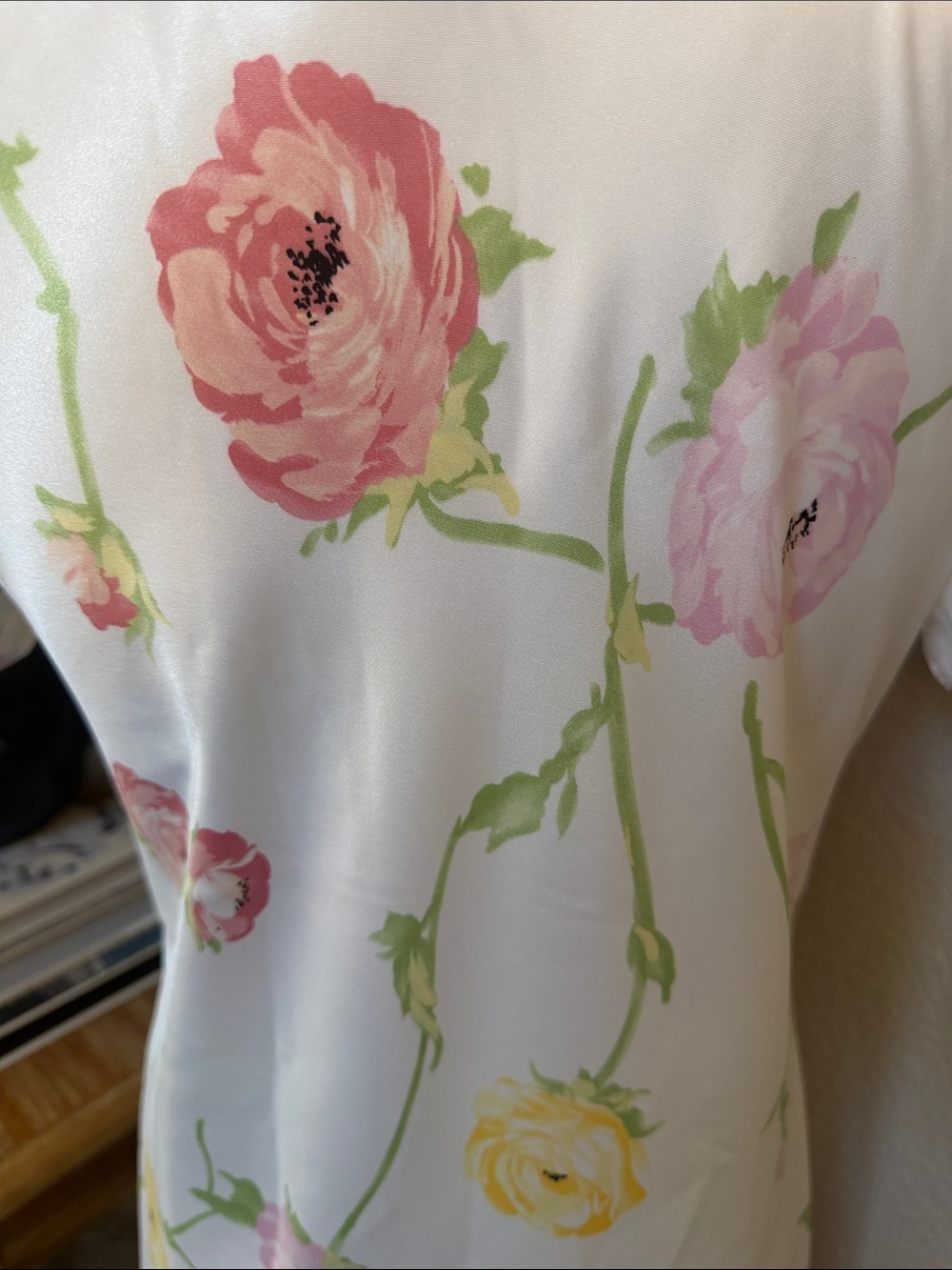 Natori White Floral Satin Nightgown Pink Piped Neckline Short Sleeve XS - Picture 6 of 8